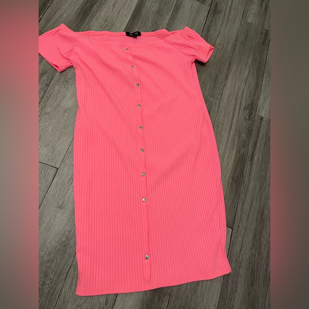 Rouge Collection pink pullover off the shoulder knit ribbed Shirt Dress/Cover up